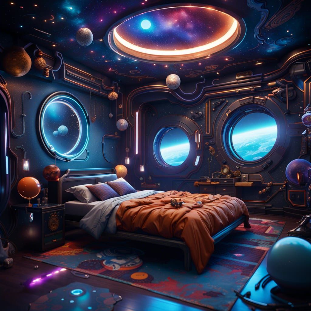 Space Bedroom in Maximalist Style: Detailed Matte Painting