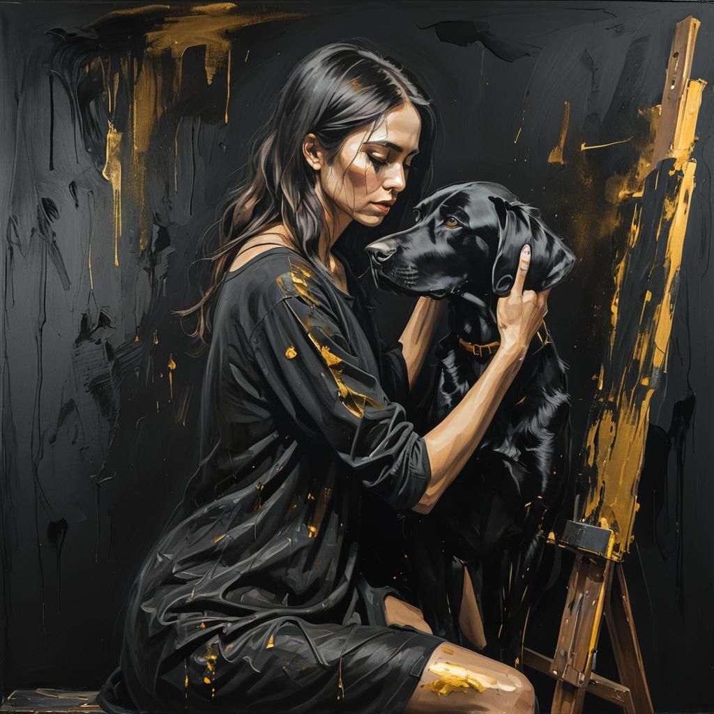 Depressed Girl with Black Lab: Grunge Style Painting