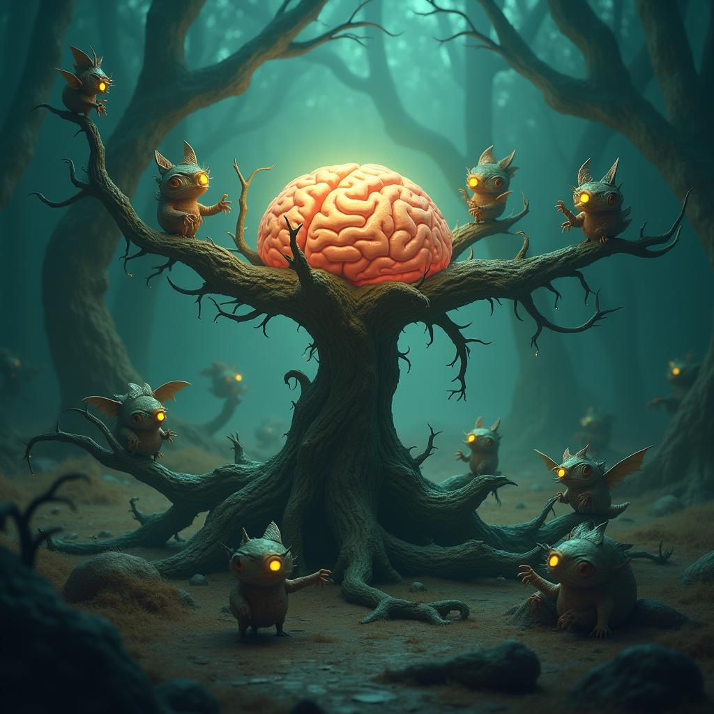 Brain on Tree Trunk in Surreal Biomechanical Landscape