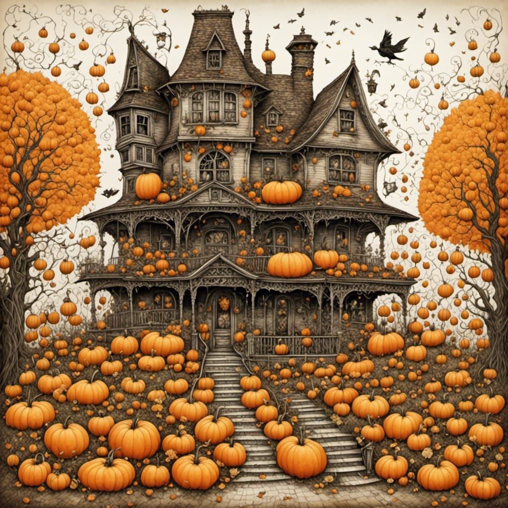 Whimsical Pumpkin House with Scarecrow Illustration