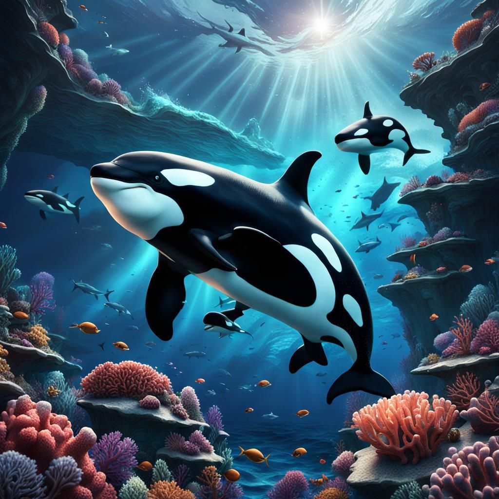 Orcas in Deep Ocean with Coral: Detailed Matte Painting
