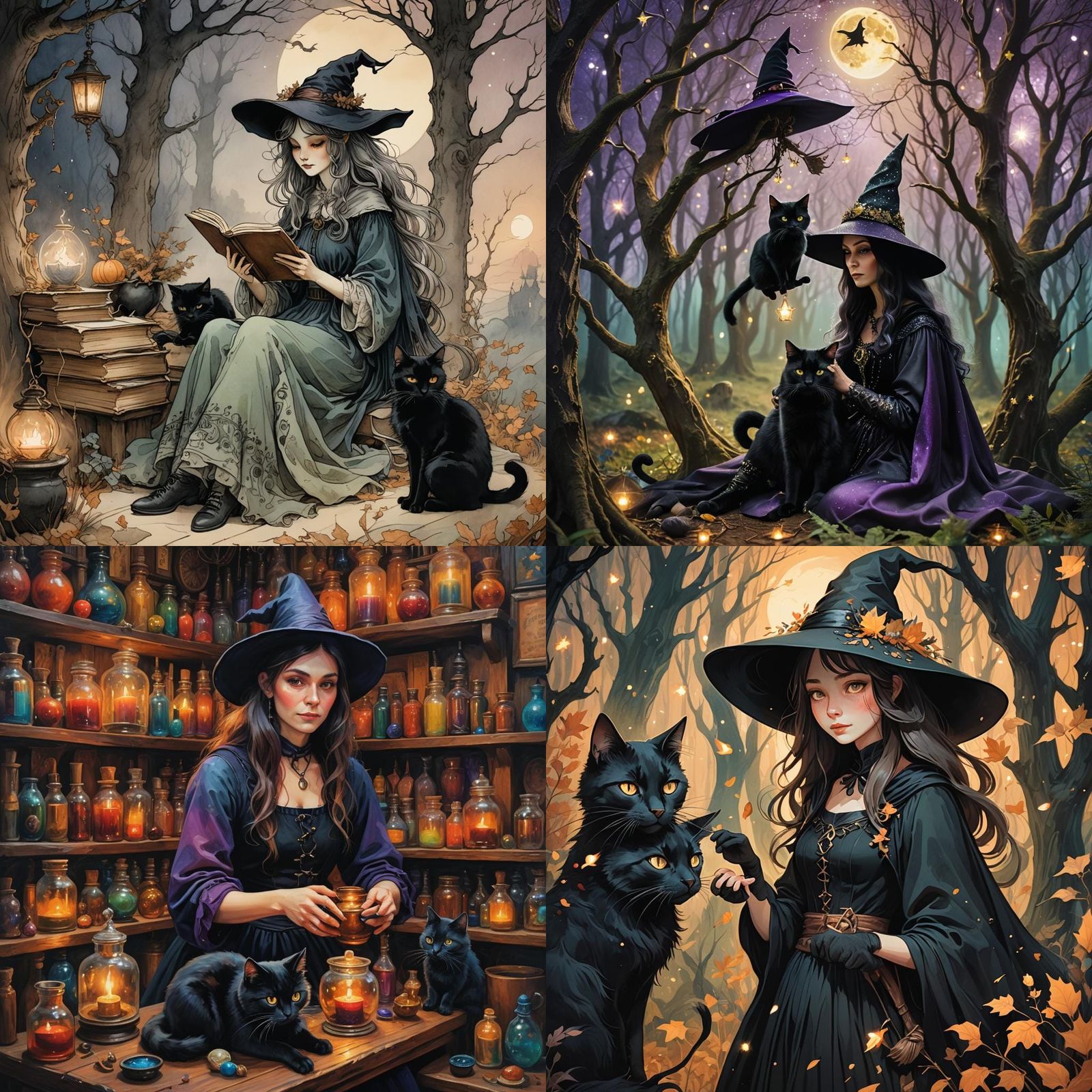 Adorable Witch and Black Cat Illustration