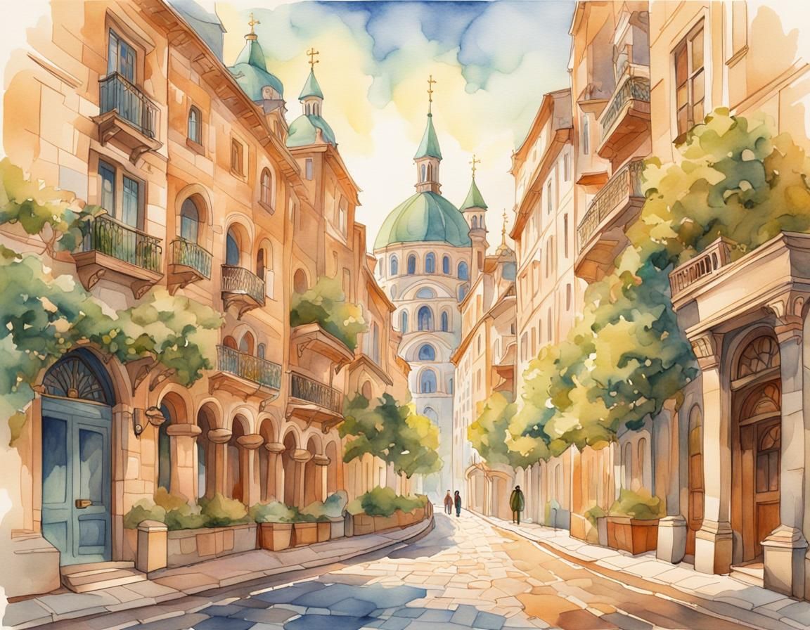 Art Nouveau Cathedral Street in Watercolor Style