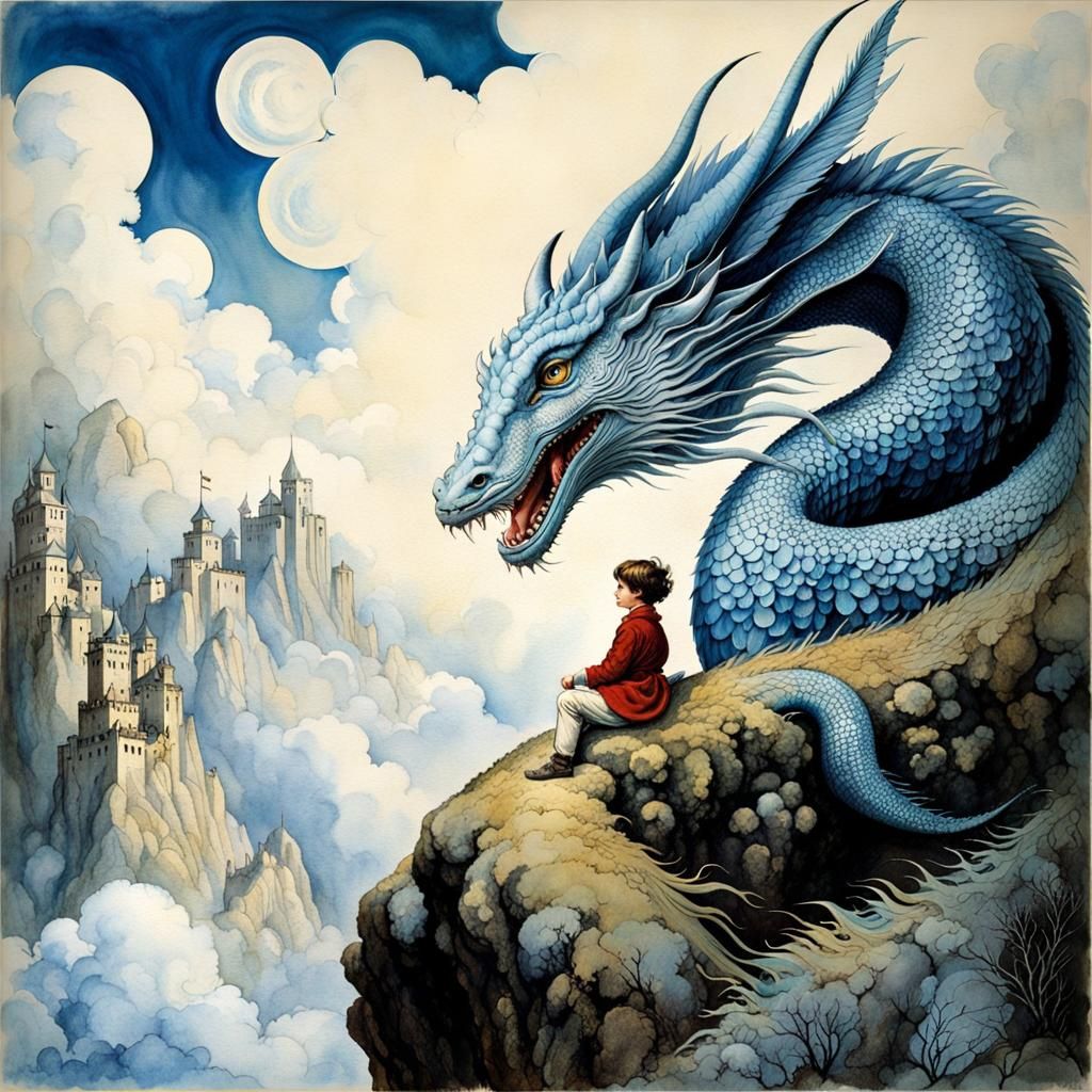 Bastian and Fuchur Over Phantasia in Watercolor