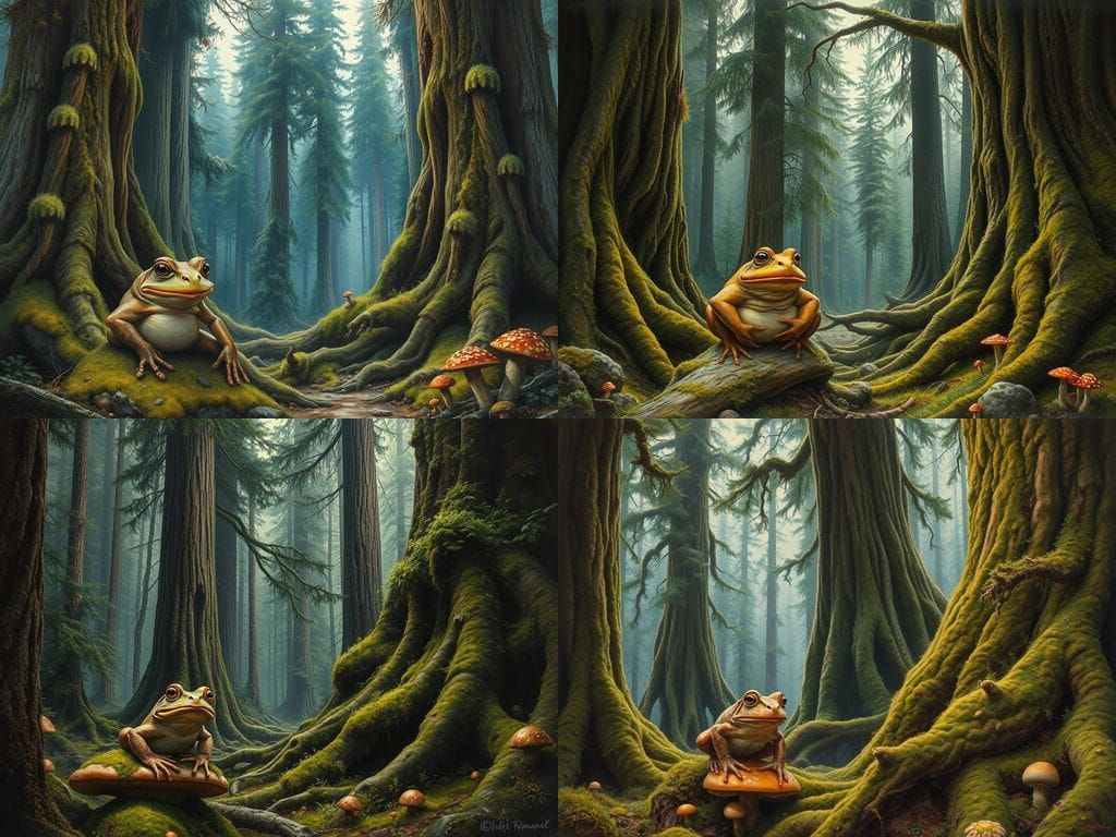 Ancient Spruce Forest with a Majestic Toad in Hyperdetailed...