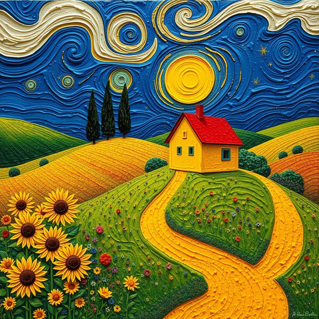 Impasto Landscape with Yellow House and Sunflowers in Vibran...