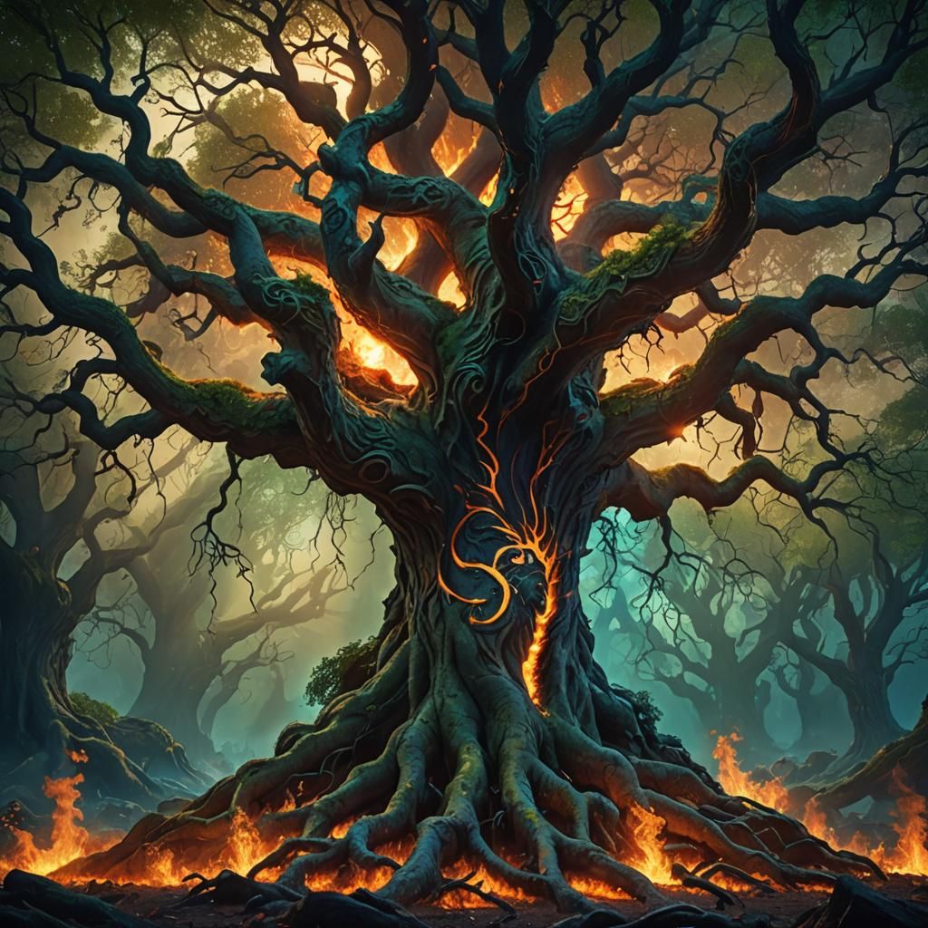 Epic Tree Amidst Burning Earth: Digital Matte Painting