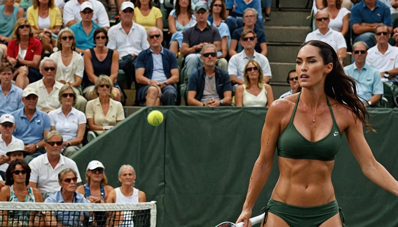 Megan Fox with a determined expression serving in a tennis match.