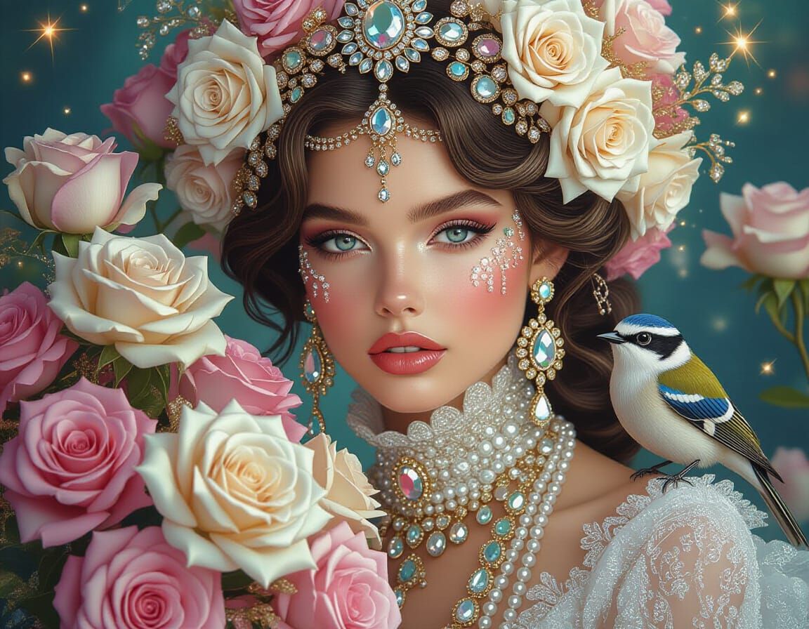 Rainbow Lady Drowning in Jewels, Hyperrealistic Style