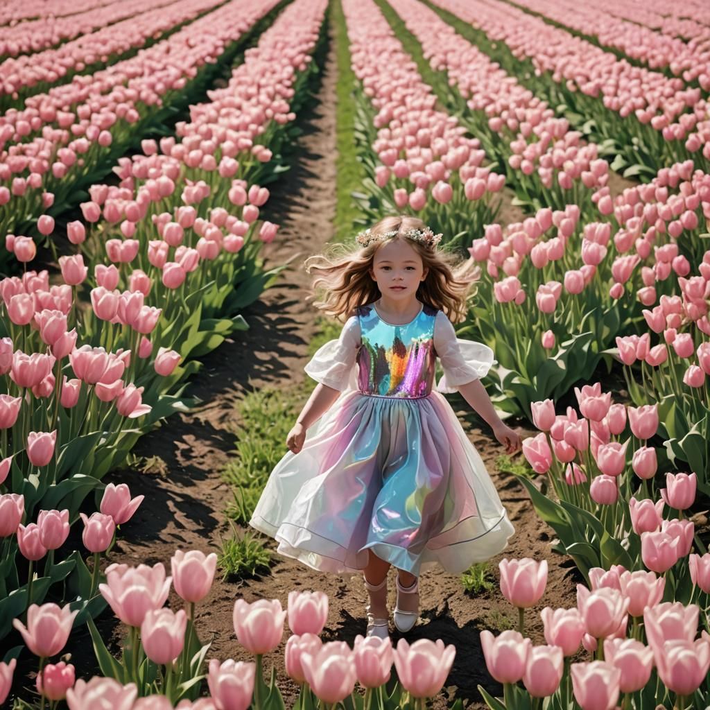 Radiant Goddess in Tulip Field, Digital Art