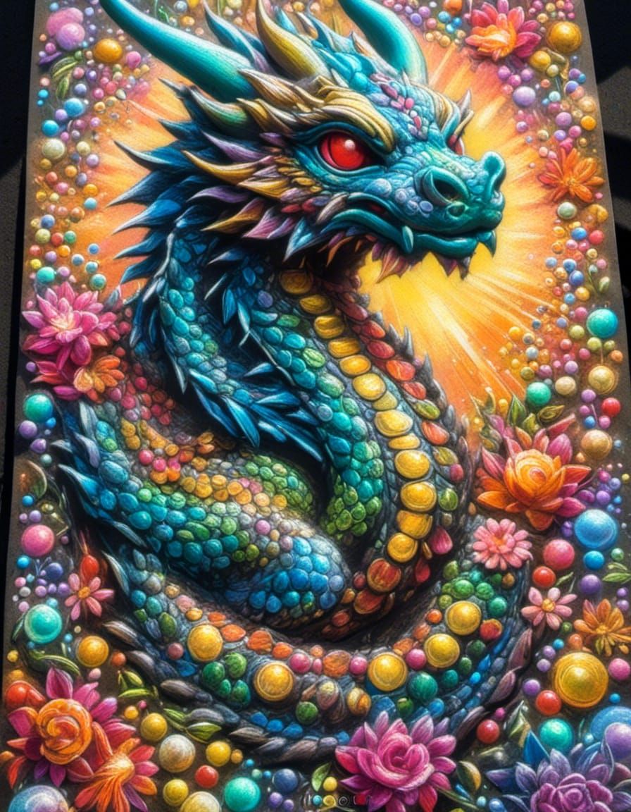 Chalk Art Portrait: Mythical Dragon with Luminescent Gems