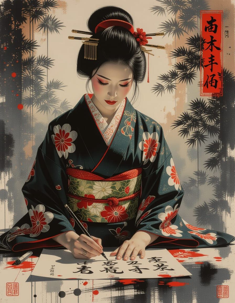 Hyper-Realistic Calligraphy Painting of Japanese Woman