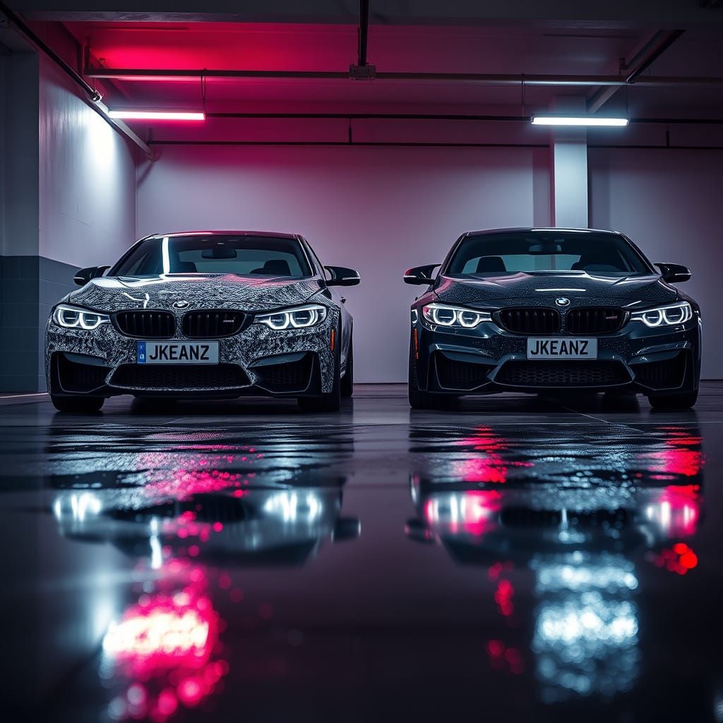 Luxury BMWs in Modern Garage with Cinematic Lighting