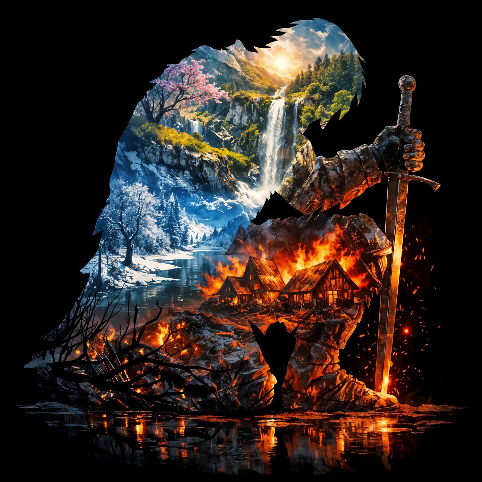 Knight Silhouette with Four Seasons and Burning Village
