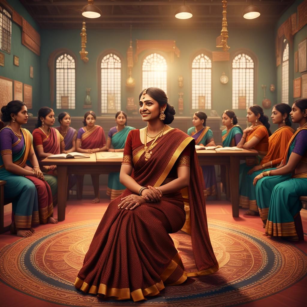 Indian Teacher Leading Circle Discussion, Detailed Matte Pai...