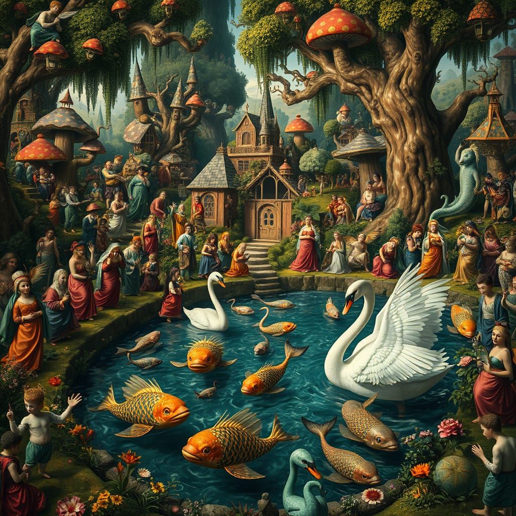 Surreal Garden Scene in Style of Hieronymus Bosch