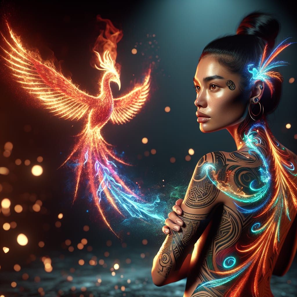 Maori Woman's Holographic Phoenix War Chant