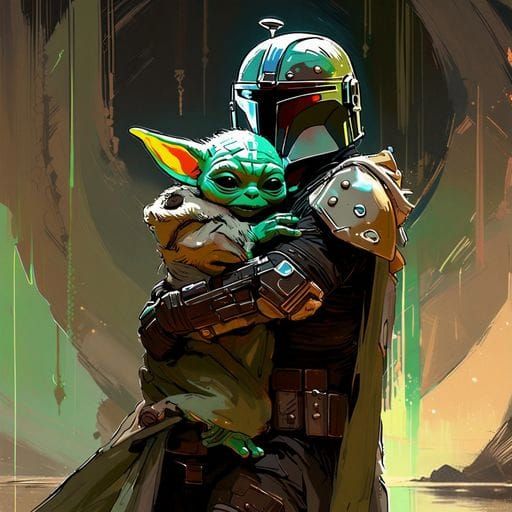 Mandalorian and Baby Yoda Portrait with Bold Brush Strokes