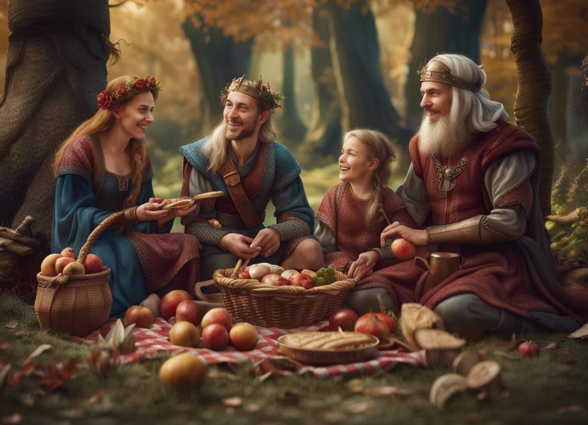 Happy Medieval Family Picnic in the Woods