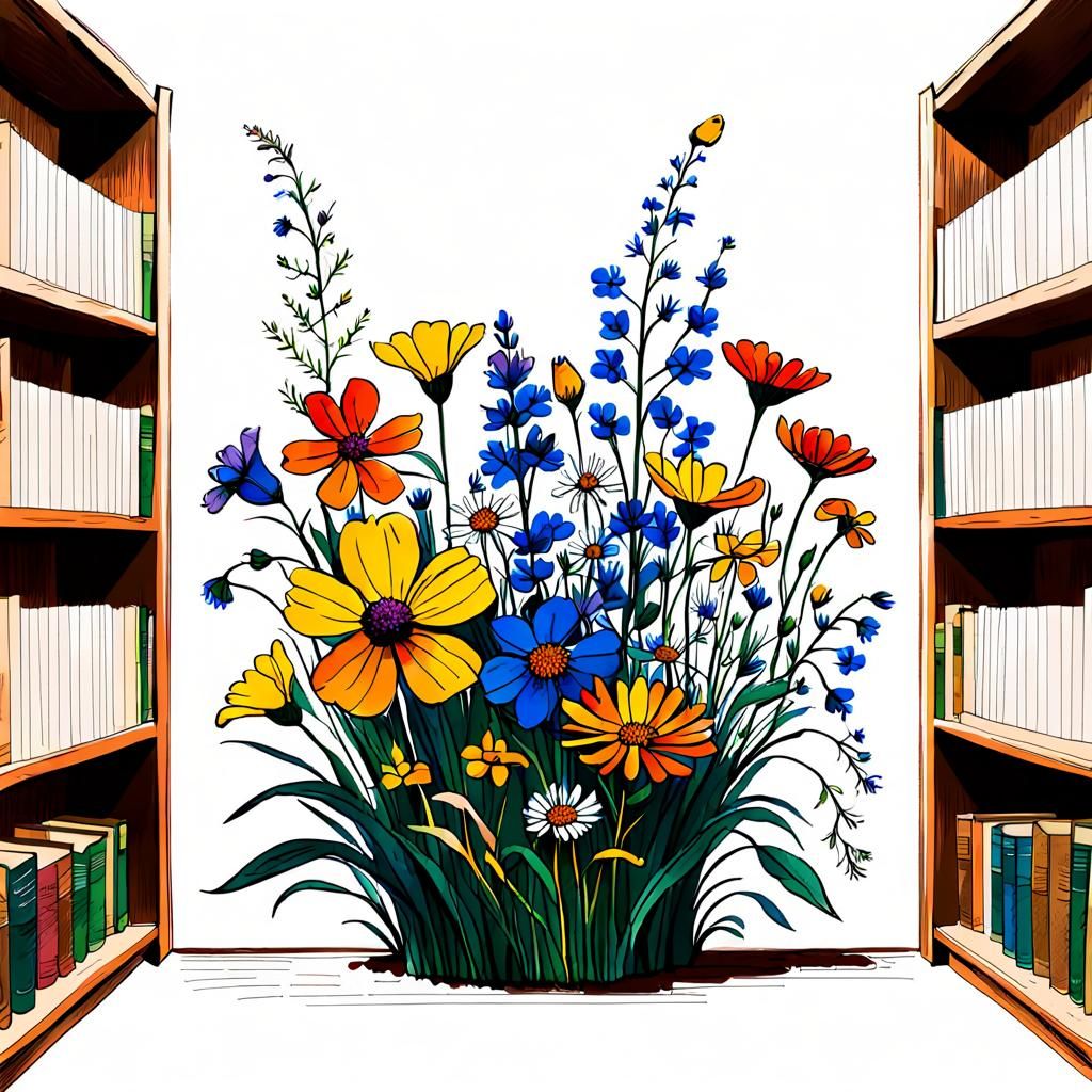 Wildflowers Shaped as Book in Library Illustration