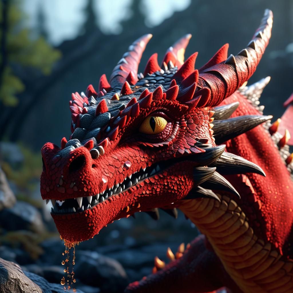 Red Felt Dragon with Dew in 3D Style