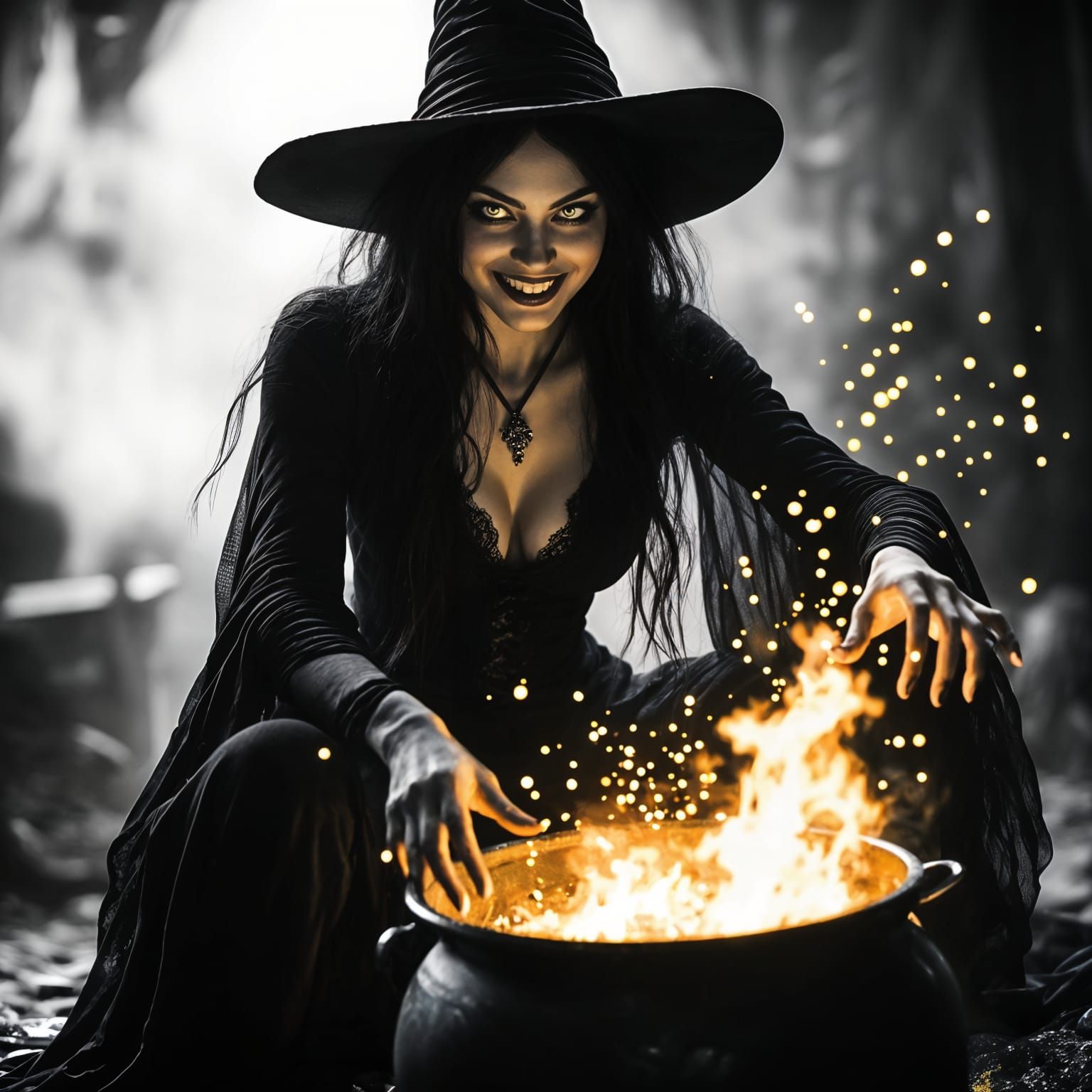 Mischievous Witch Dances Around Cauldron in Black and White