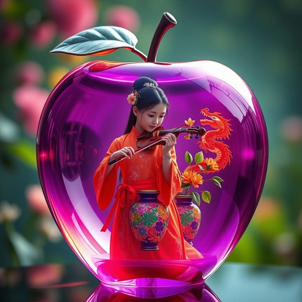 Glass Apple Macro Photograph with Girl and Violin