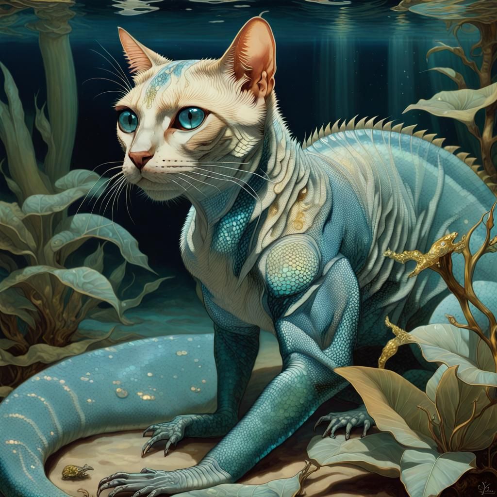 Bioluminescent Siamese Cat-Iguanas in Double Exposure