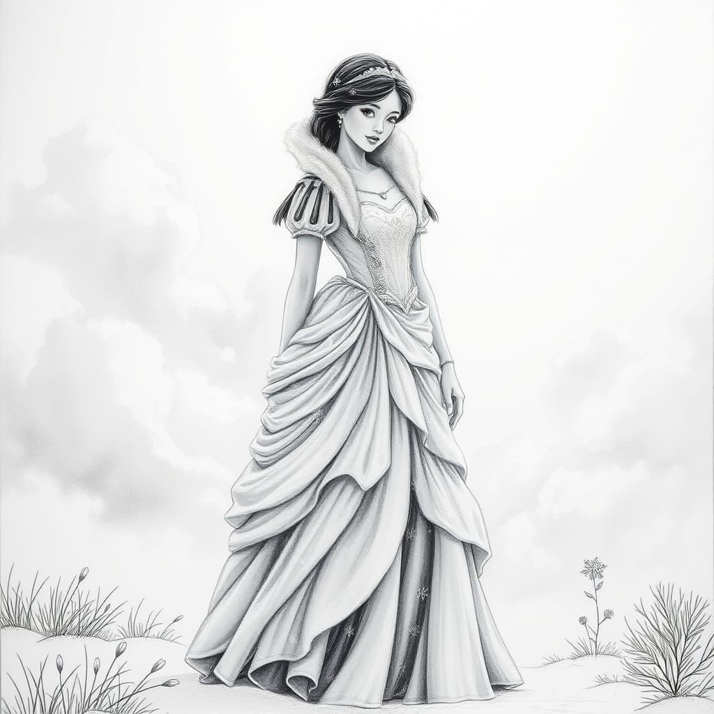 Snow White in White Landscape, Charcoal Drawing