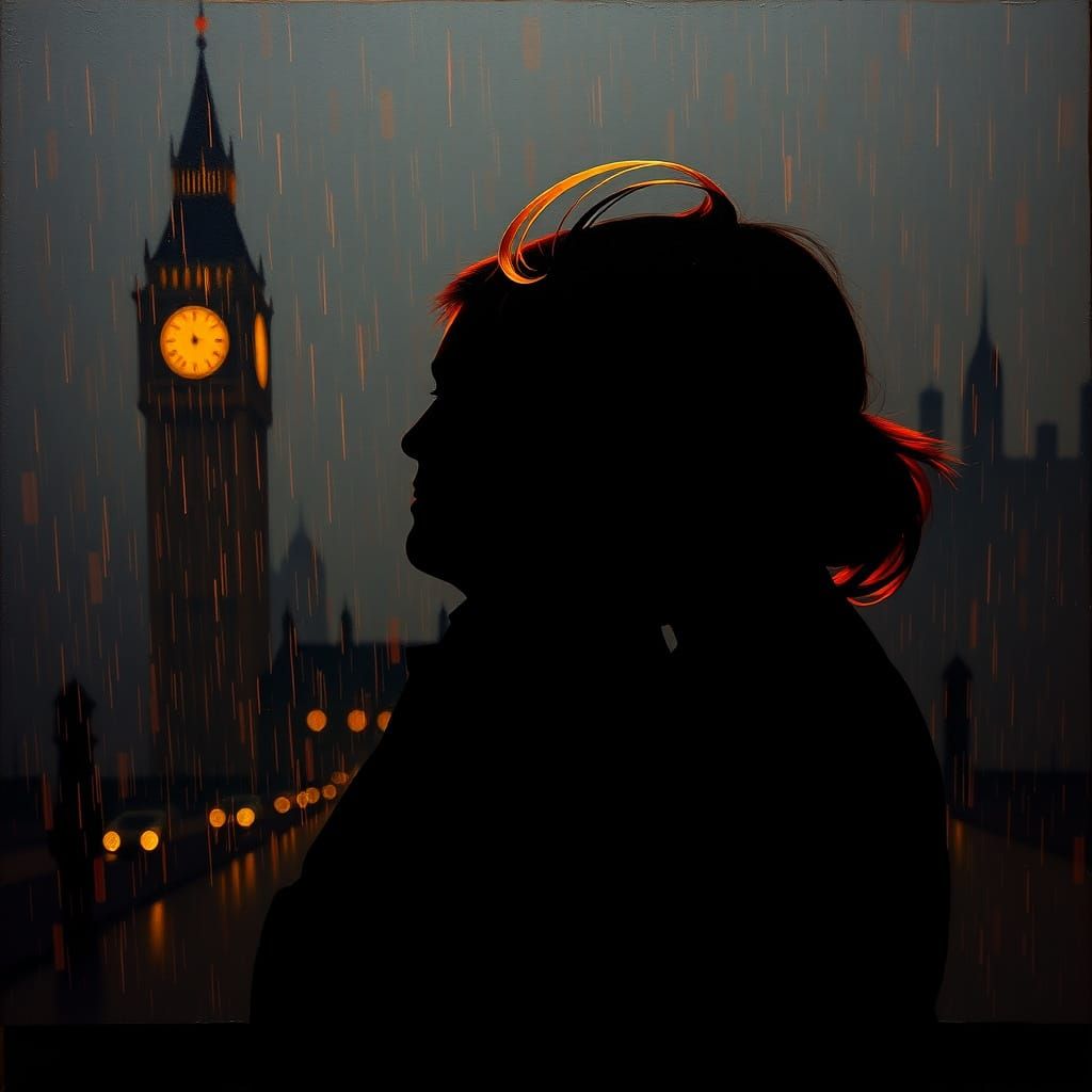 Romantic Silhouette in Rainy London: Expressive Painting