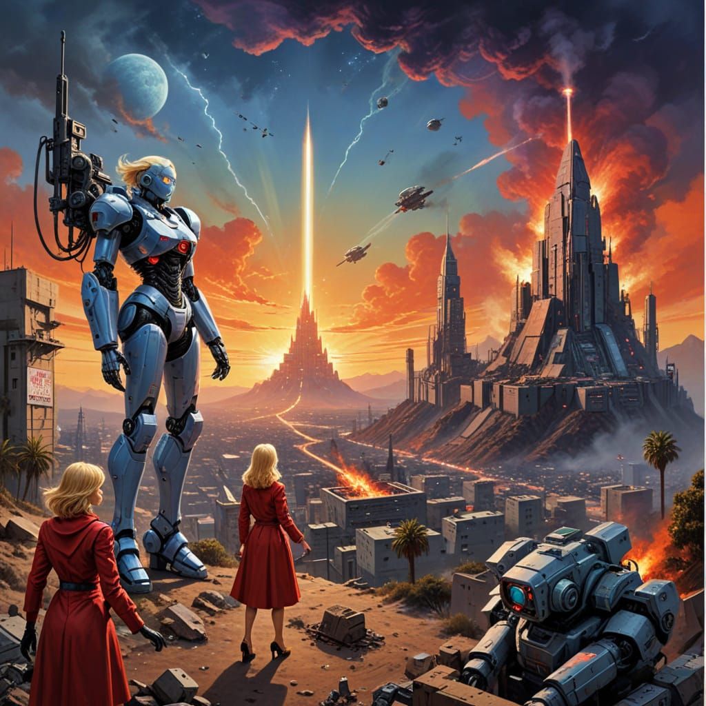 Giant Female Mecha Robots on Sunset Boulevard in Sci-Fi Horr...