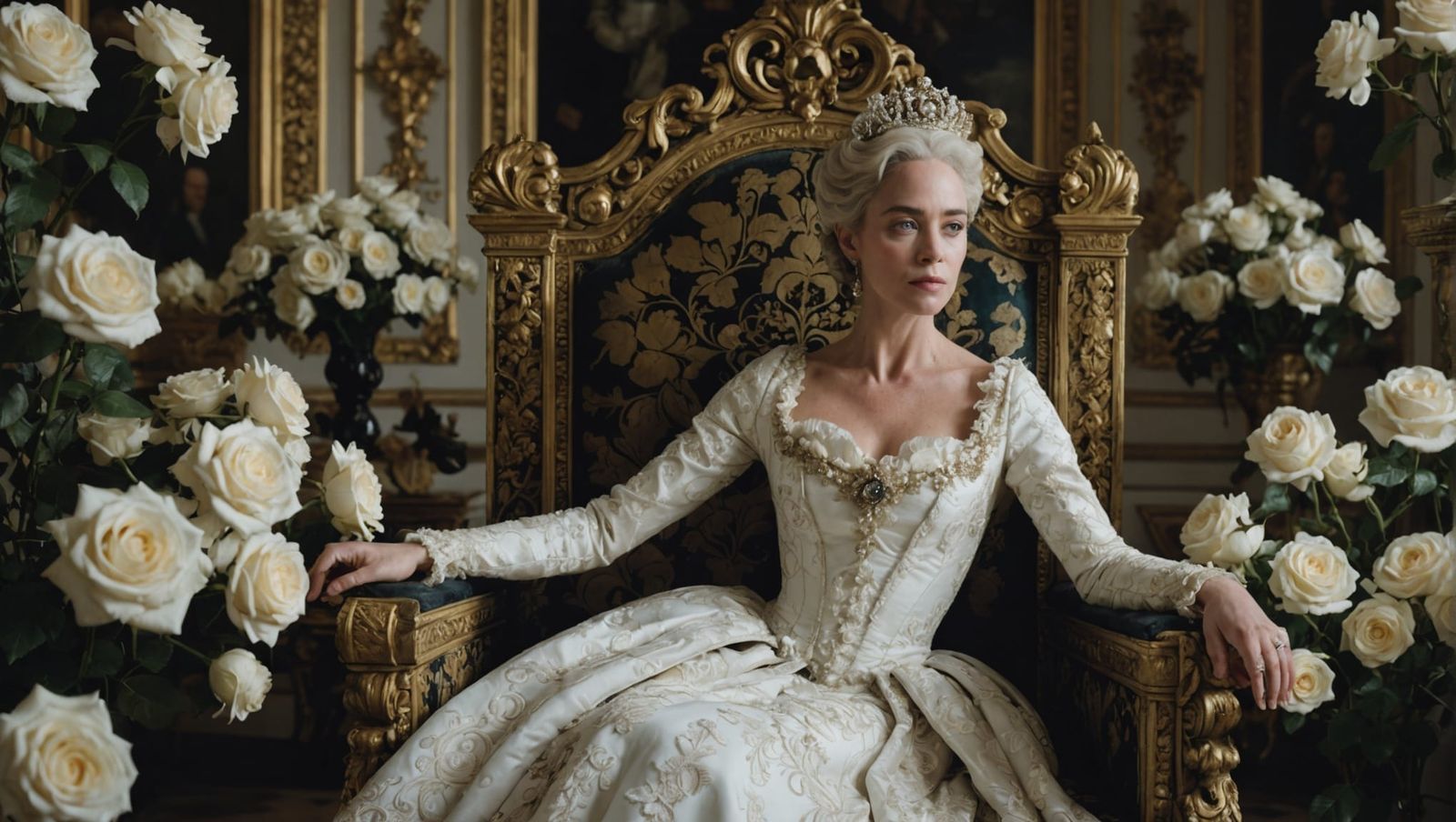 Baroque Queen on Floral Throne in Cinematic Lighting