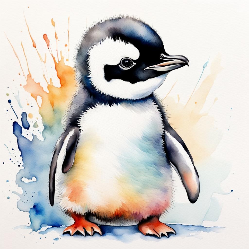Baby Penguin Watercolour Abstract Art