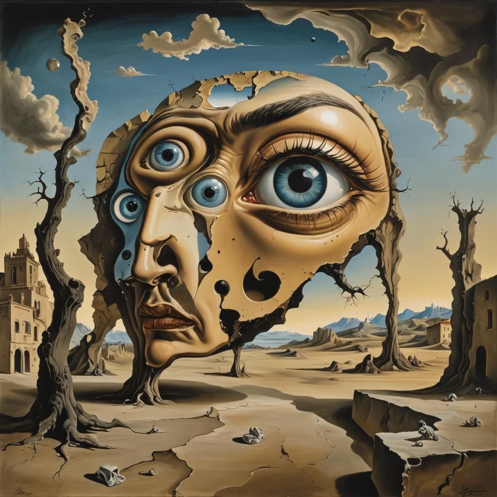 Surreal Melting Clock Painting with Fractal Eyes