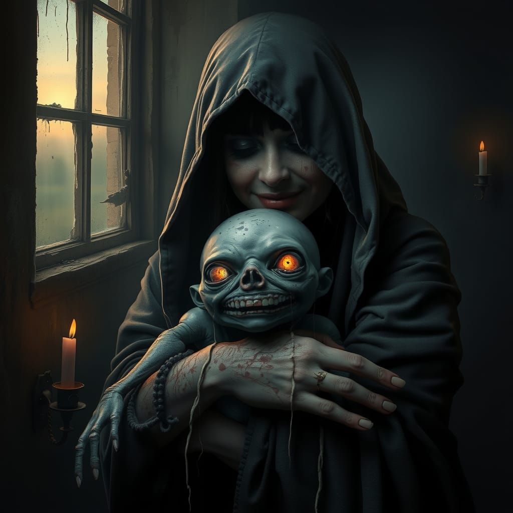 Sorrowful Woman with Grotesque Creature in Gothic Setting