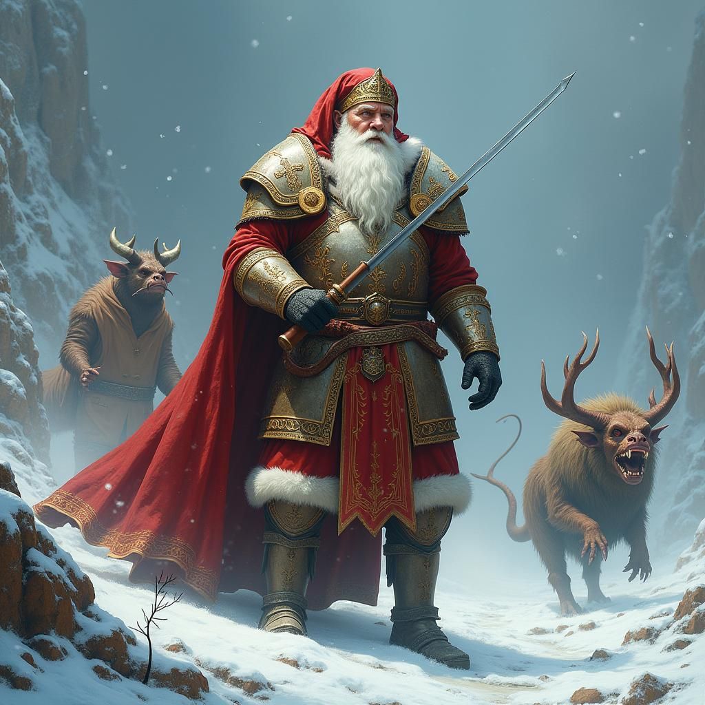 Armored Santa Claus in War-Torn Landscape