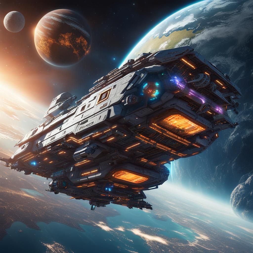 Futuristic Spaceship Orbiting Earth: Detailed Matte Painting
