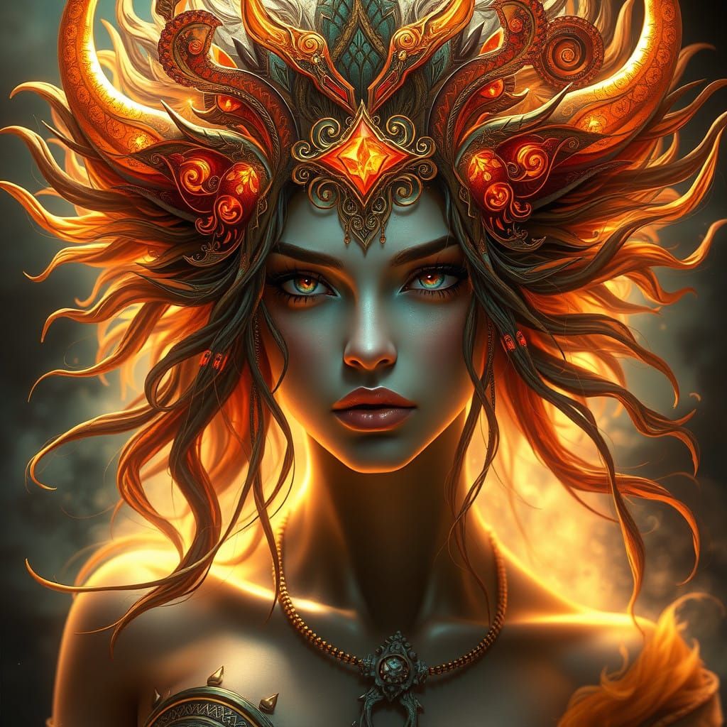 Wild Spirit Portrait in Vibrant Art Nouveau Style