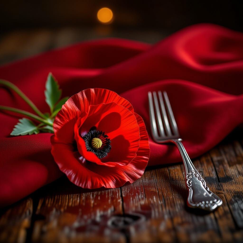 Poppy Beside Fork on Linen Table at Twilight