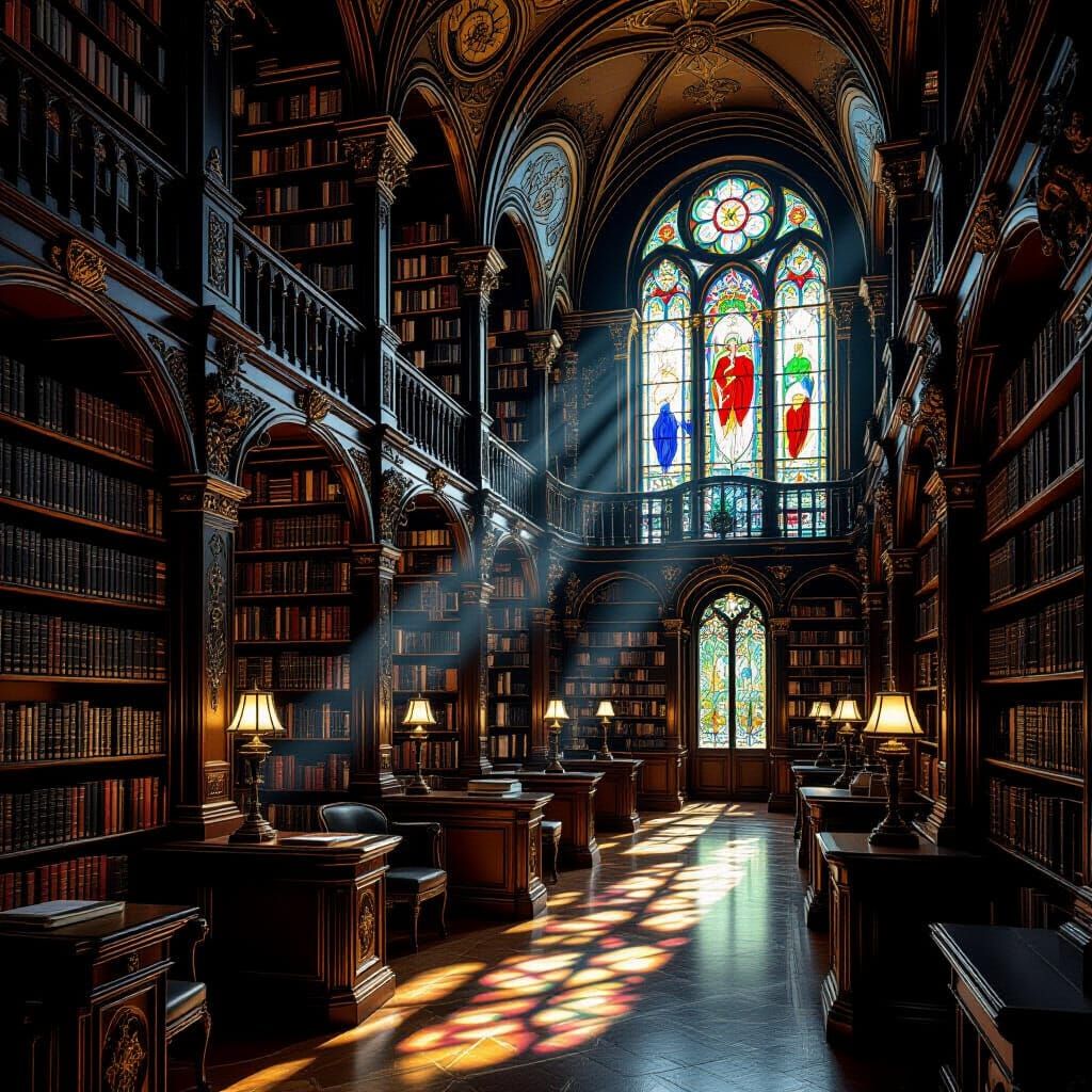 Art Nouveau Library With Infinite Bookshelves