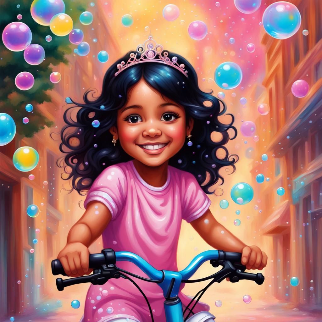 Princess on Bicycle Surrounded by Bubbles