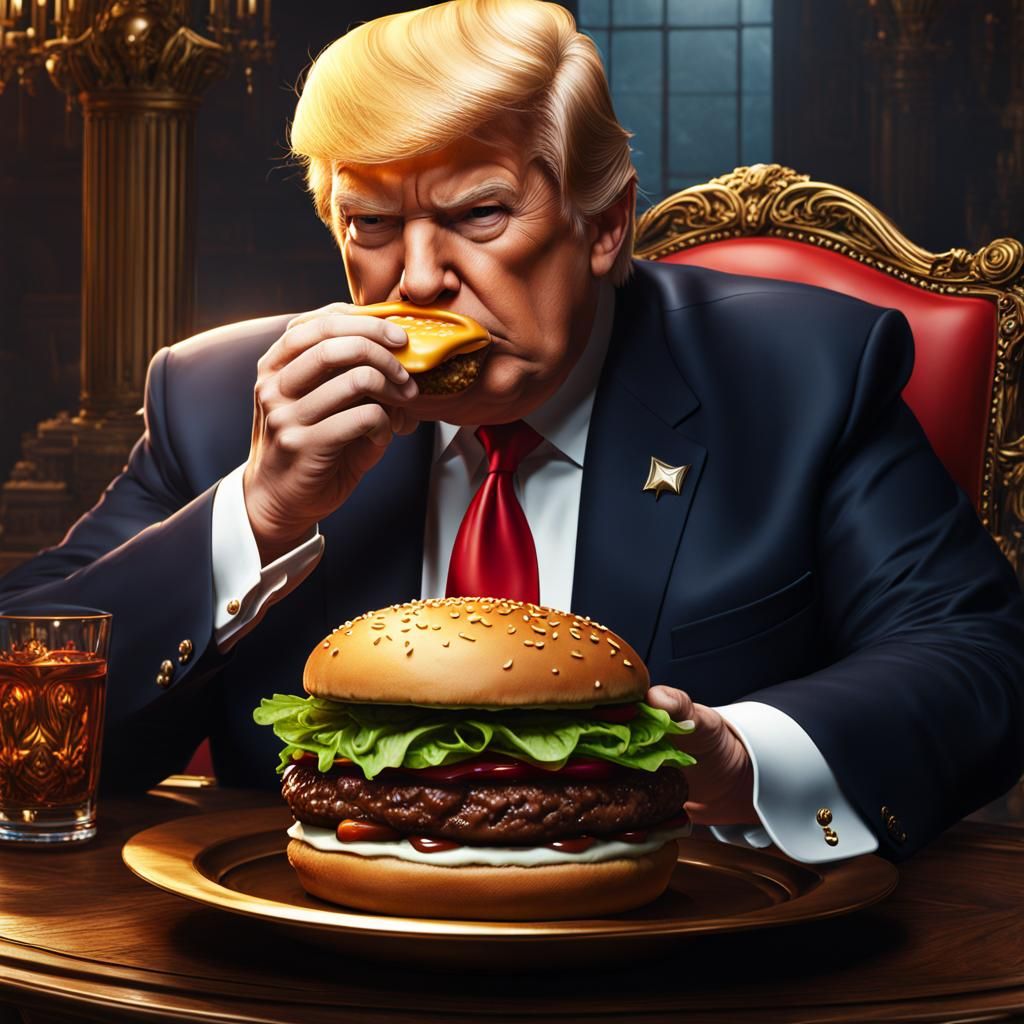 Donald Trump Eating a Hamburger in Detailed Painting