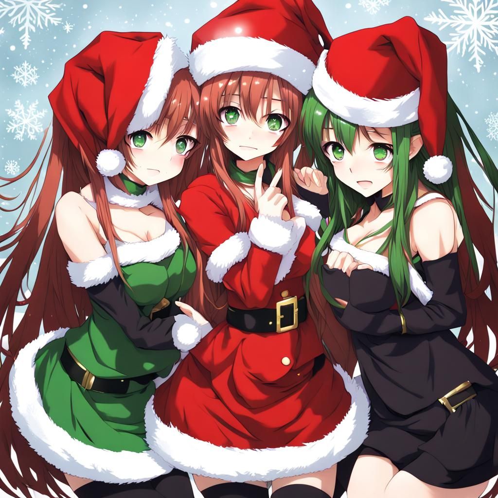Festive Anime Girls Celebrate Christmas in Manga Style