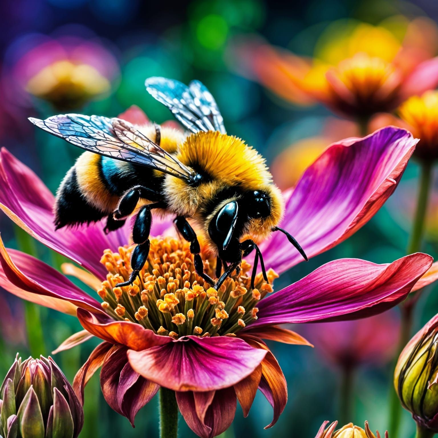 Vibrant Triadic Masterpiece of Magical Flowers and Bee