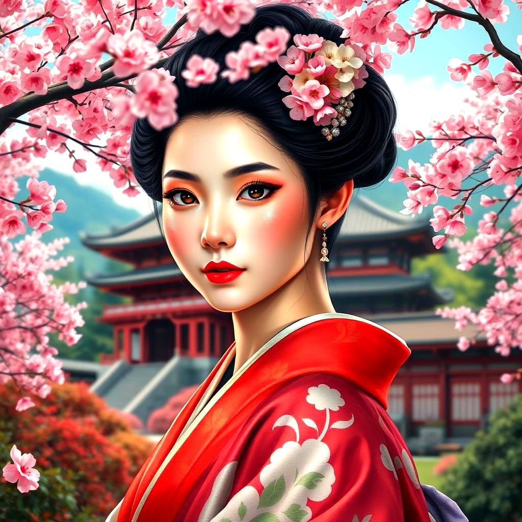 Geisha Portrait in Sakura Garden: Detailed Matte Painting