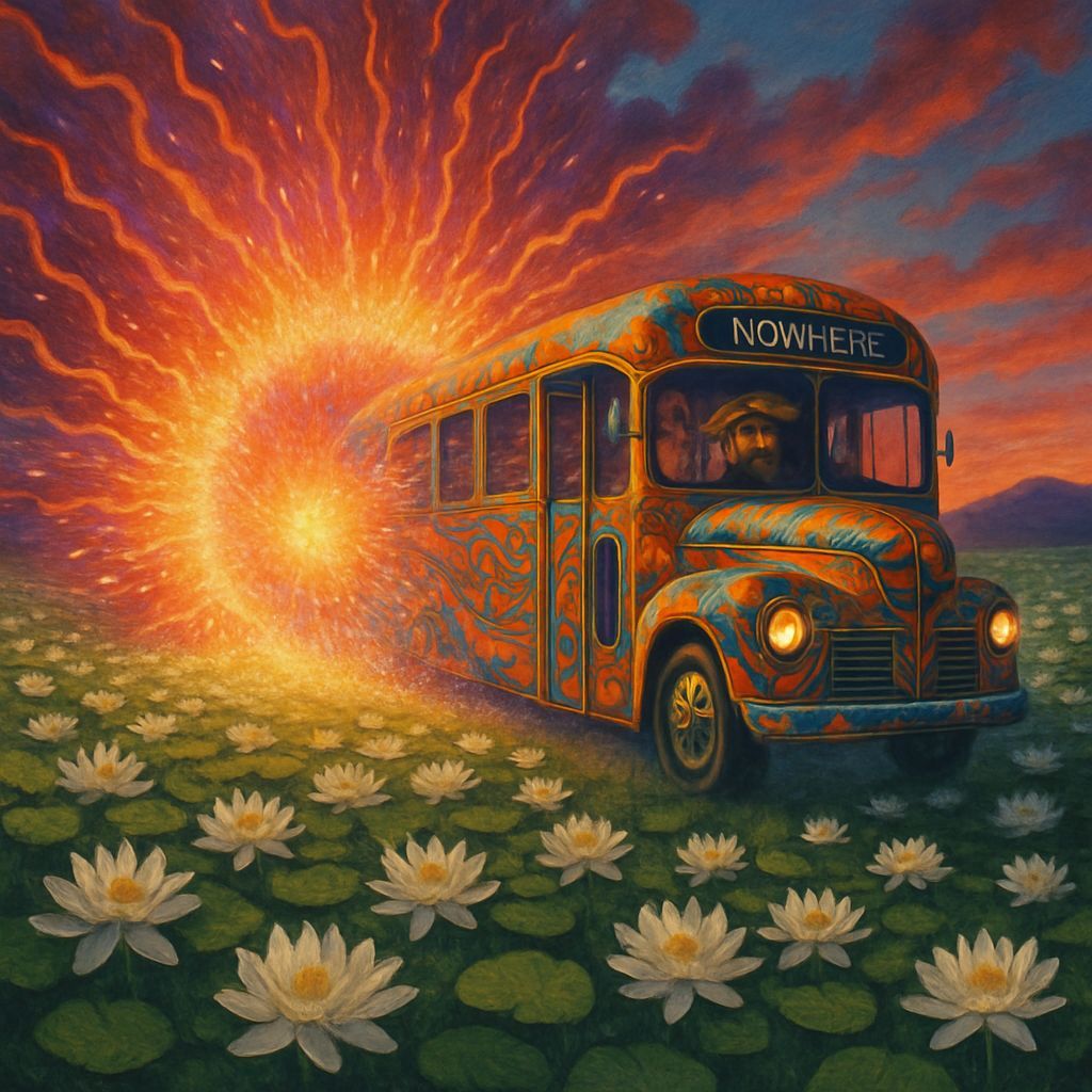 Surreal Bus Emerges in Lily Field