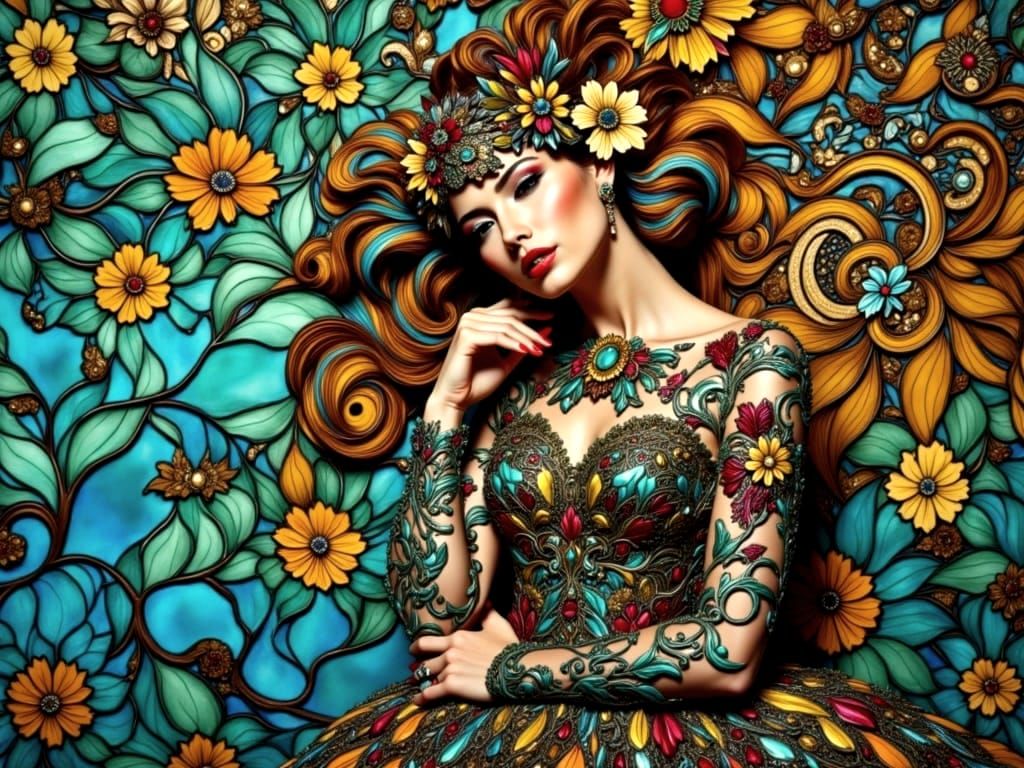 Elegant Art Nouveau Goddess in Tiffany Stained Glass