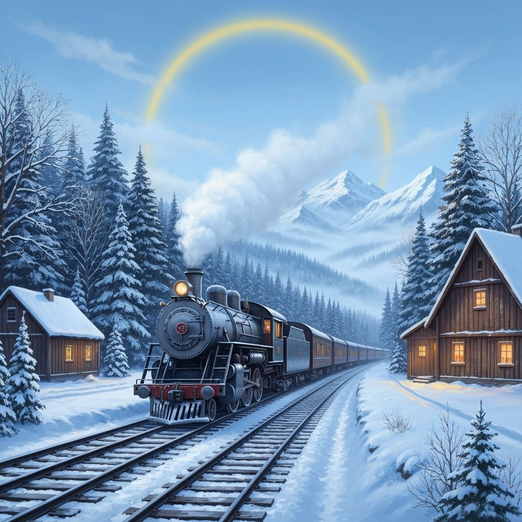 Vintage Steam Train in Winter Mountains Oil Painting