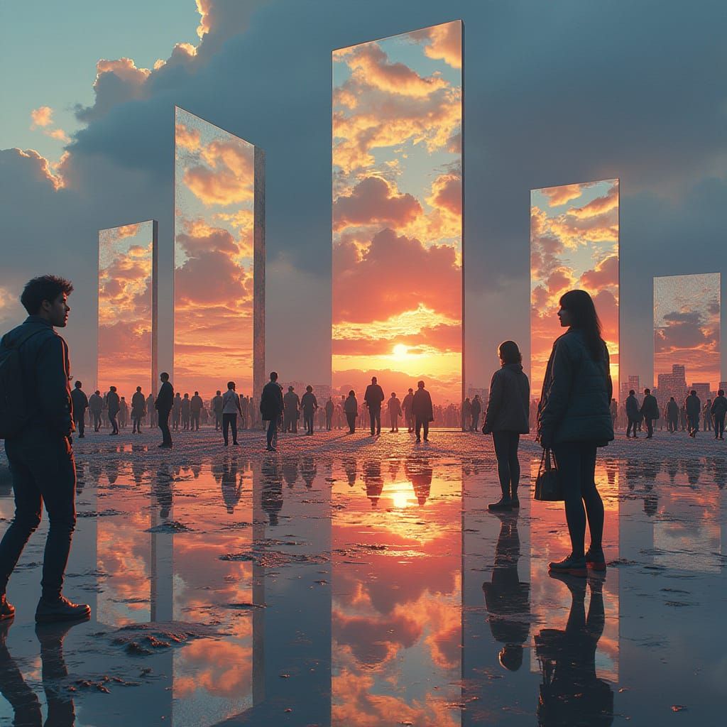 Surreal Melting Mirrors Reflecting a Fractured Sunset