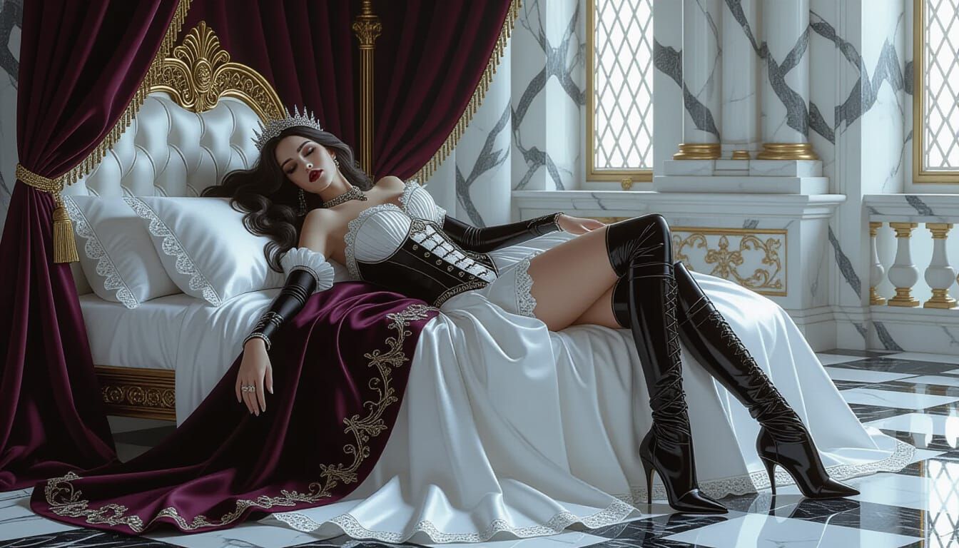 Steampunk Queen Asleep in Marble Chamber
